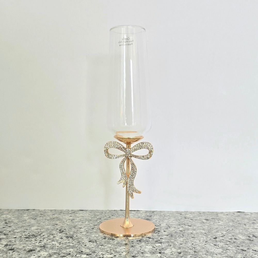 Champagne Flute Glass Rhinestone Gold‎ Bow Elegant Toasting Stemware Weddiu